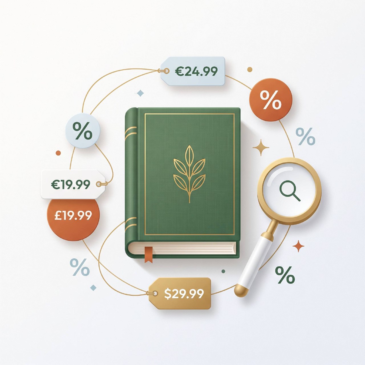 Зелена книга, лупа та цінники як ілюстрація пошуку вигідної ціни