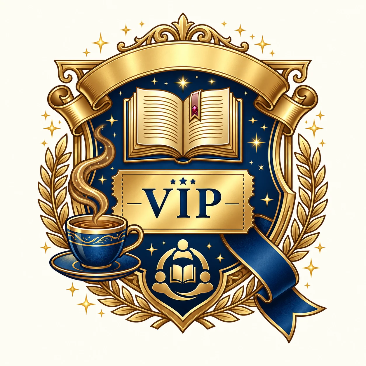 Золота емблема книжкового VIP-клубу з відкритою книгою та чашкою